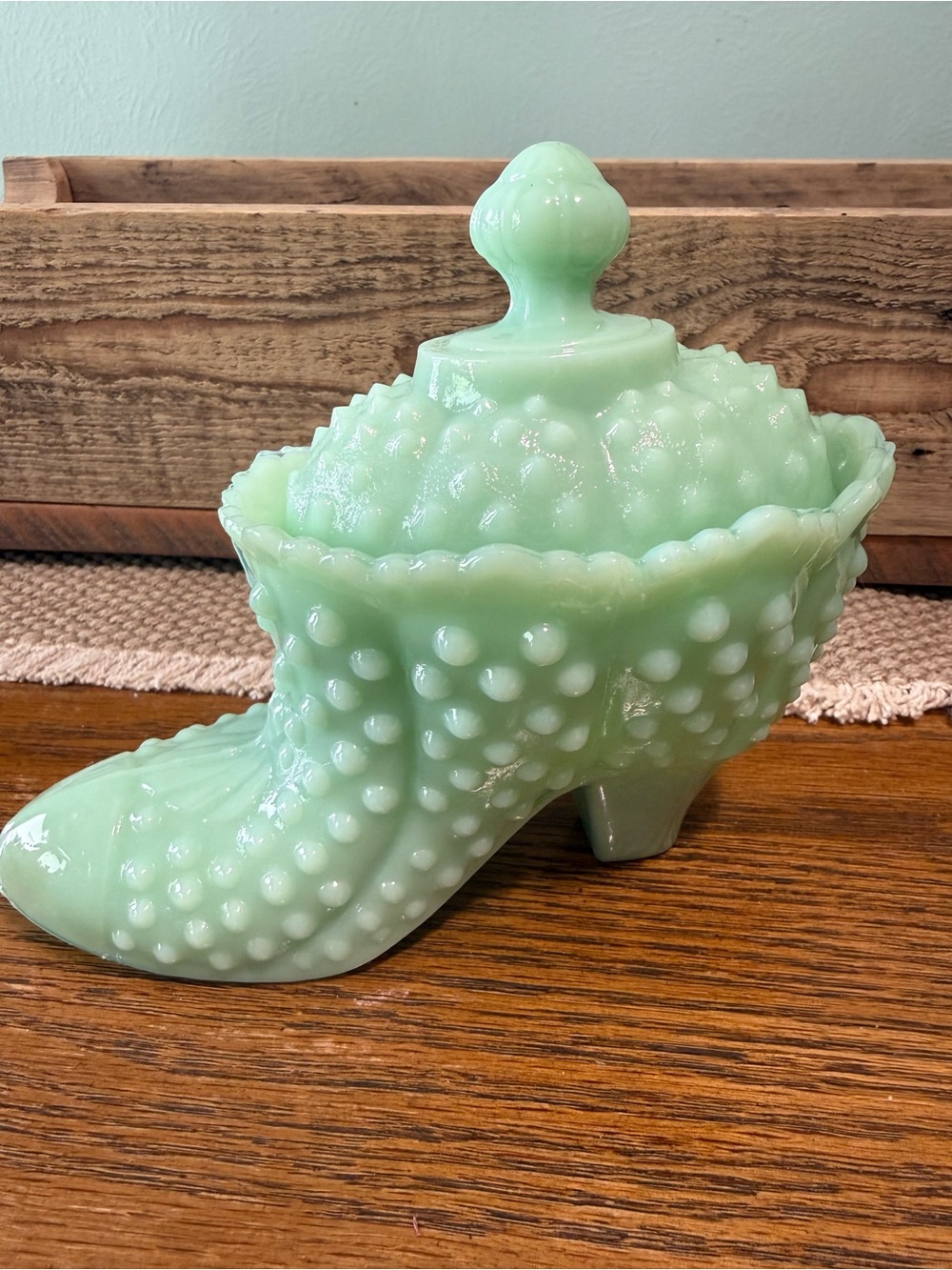 Vintage Fenton Jadeite Hobnail shoe trinket/candy dish.